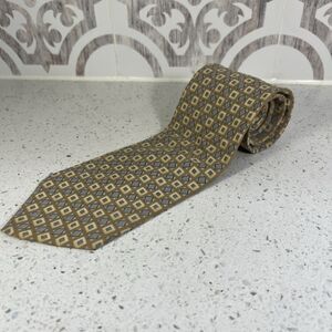 Vintage Oscar de la Renta Mens Necktie Silk Bold Tan And Grey Medallion‎